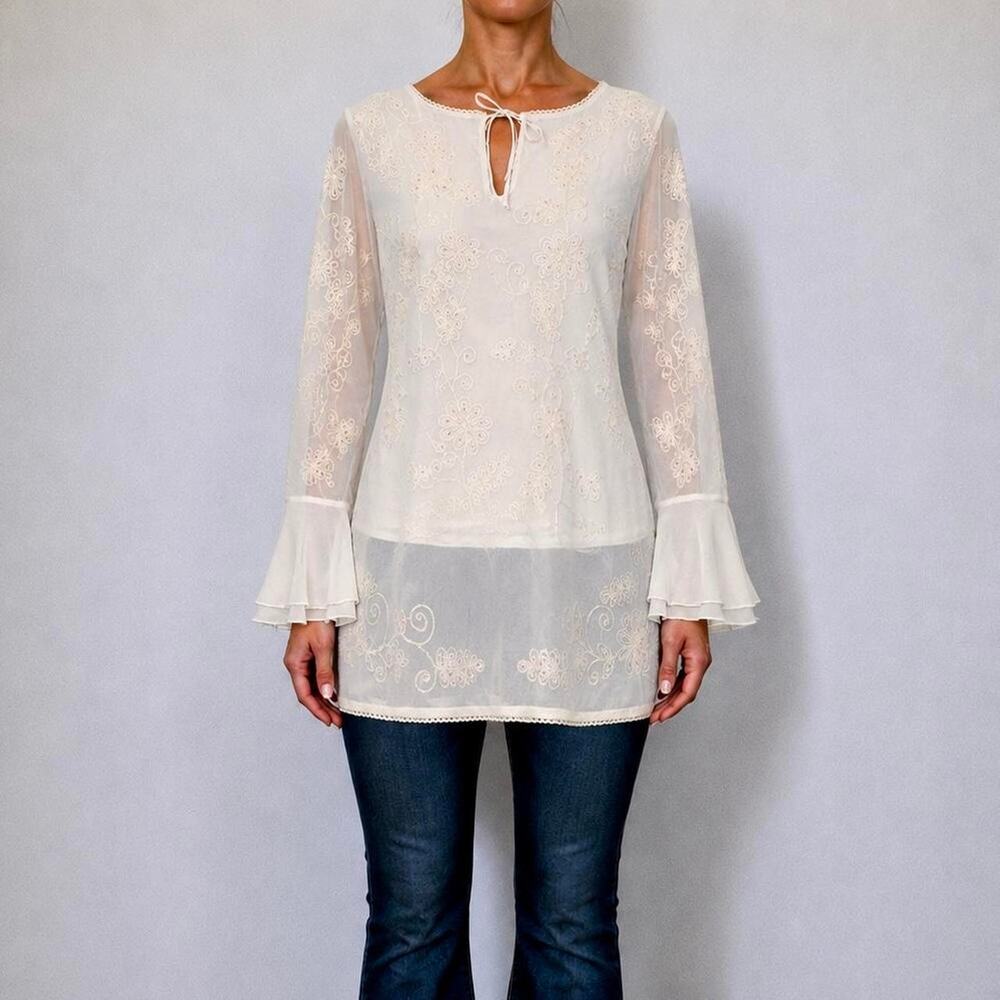 Vintage Deadstock Ivory Beaded Embroidered Fairy Mesh Tunic Boho Top Size M